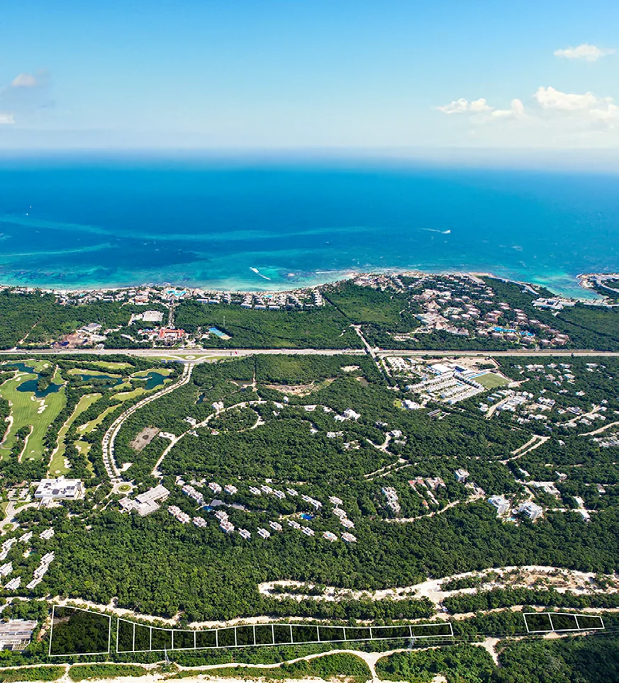 Golf course and Caribbean coast at sunset in the Riviera Maya