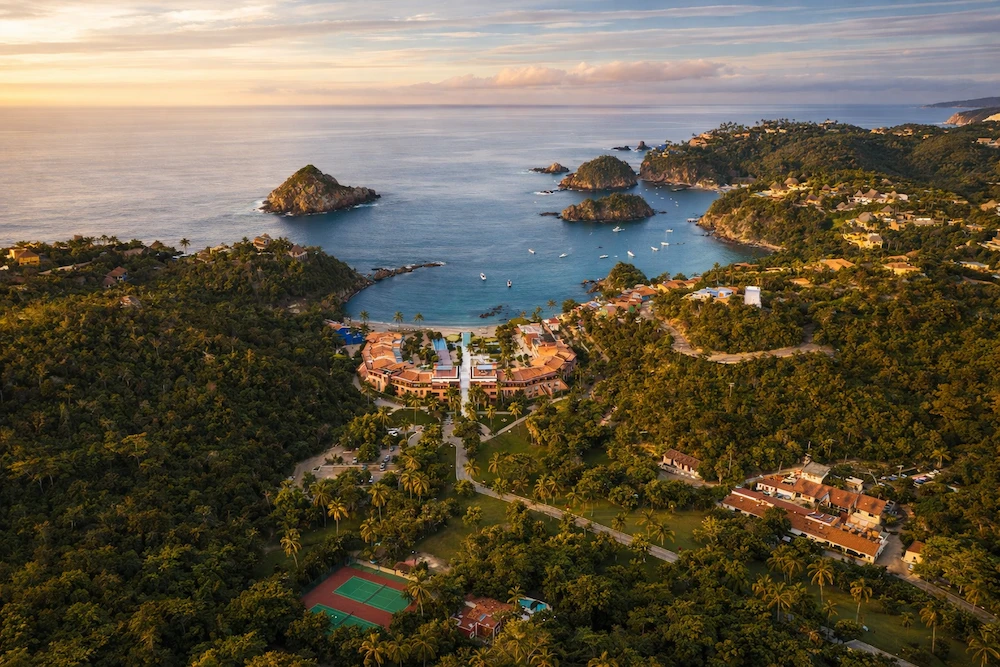 Aerial view of Careyes bay at dusk