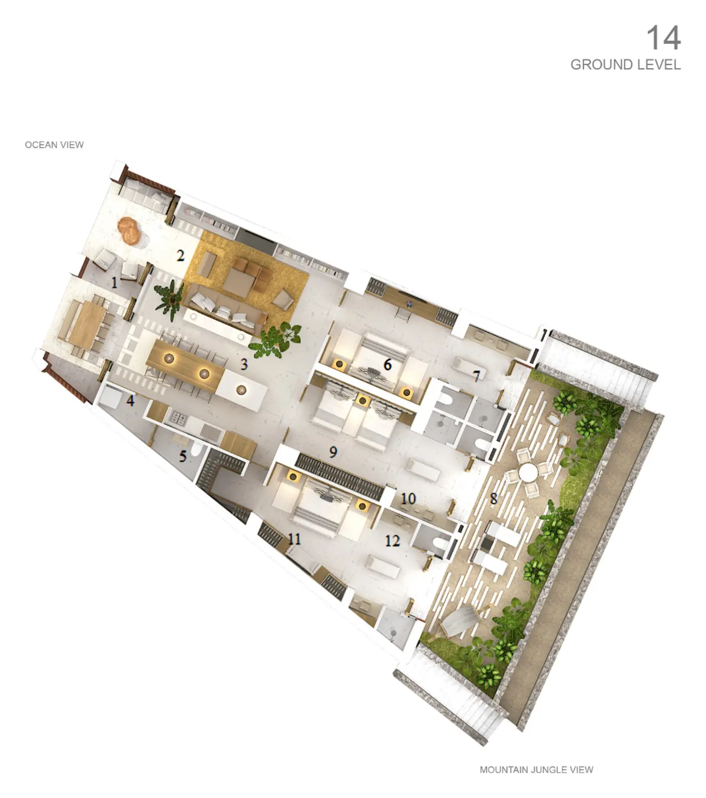 Floor plan of Residence 14, three-bedroom beachfront residence