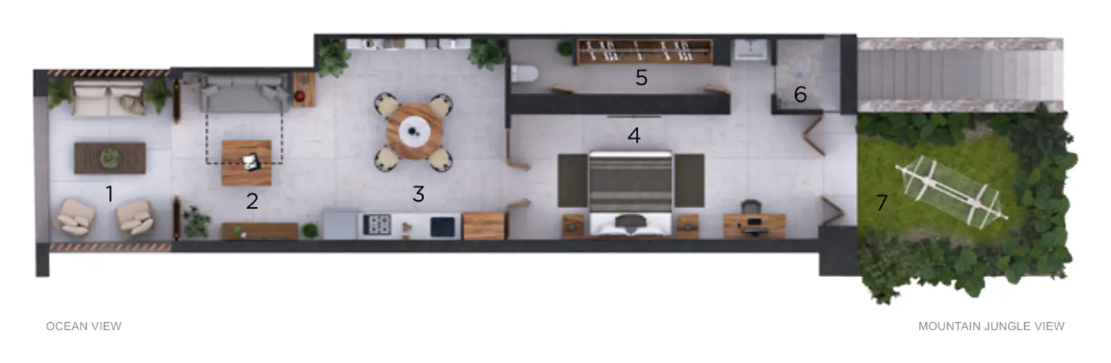 Floor plan of Residence 7A, one-bedroom beachfront residence