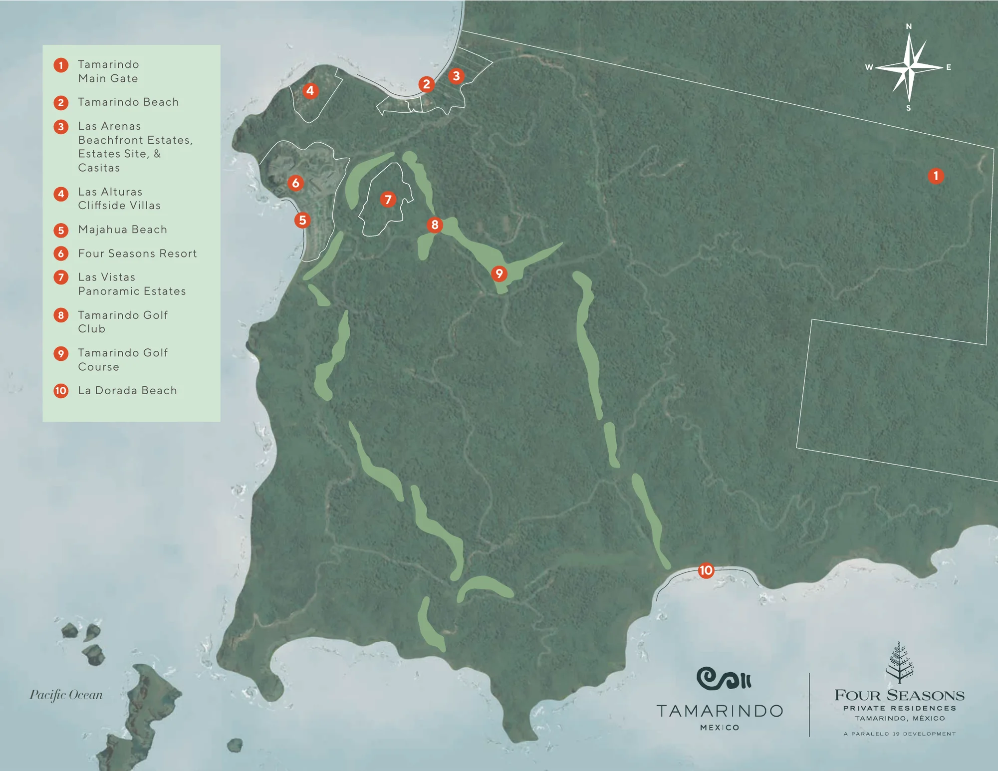 Masterplan of Tamarindo showing the main gate, Las Arenas, Las Alturas, Las Vistas, the Four Seasons Resort, the golf course and the beaches