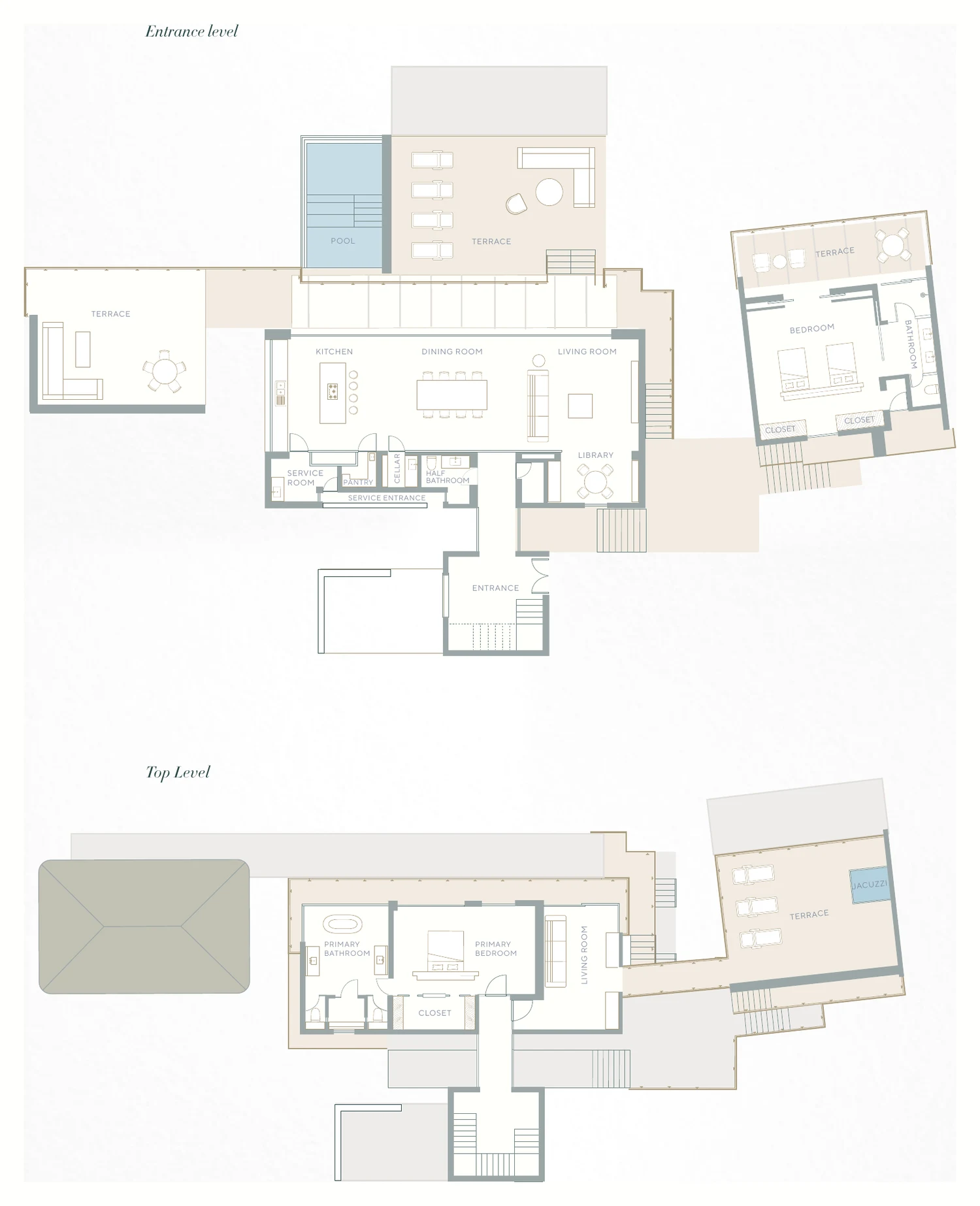Floor plan of Las Alturas Casa 2, entrance and top levels