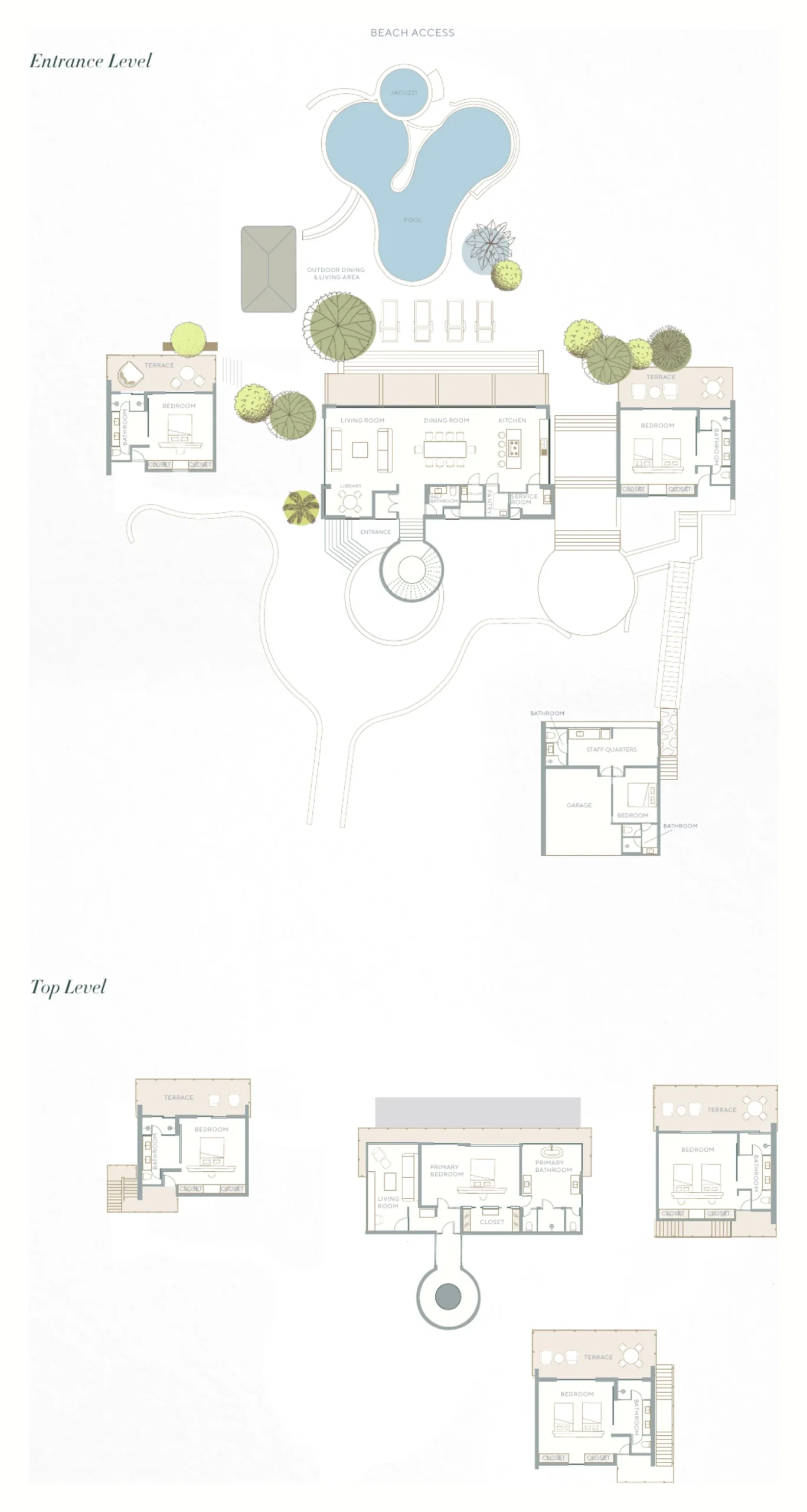 Floor plan of Las Arenas Casa 18, entrance and top levels