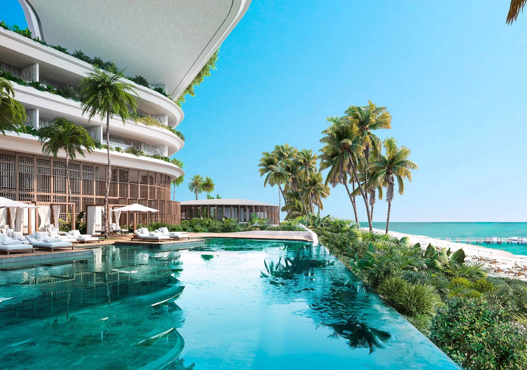 Oceanfront architecture and pool at SHA Residences Mexico